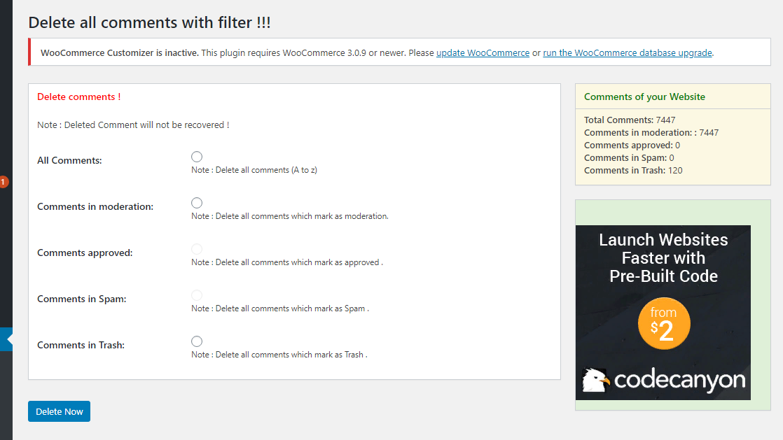 Delete All Comments of wordpress