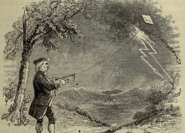 Бенджамин Франклин ставит эксперимент по запуску воздушного змея в грозовое облако.