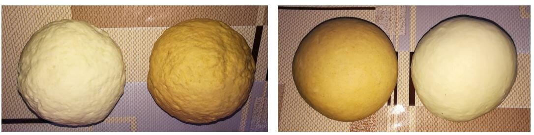 Слева - только что замешенное тесто, справа - через 30 минут