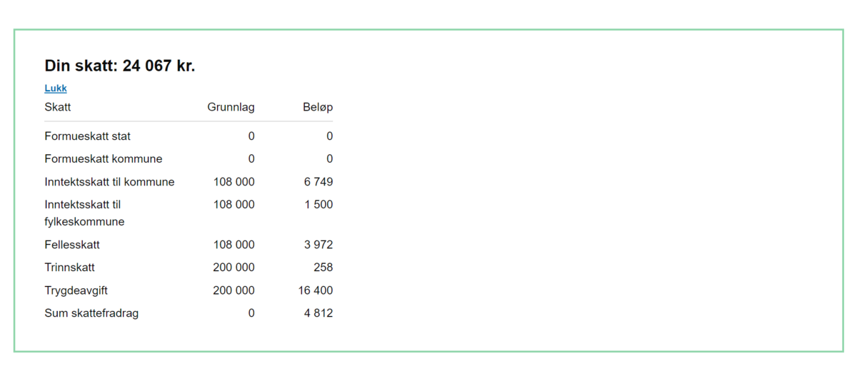 Скриншот с сайта налоговой Норвегии. Налог на 200 000 годового дохода.