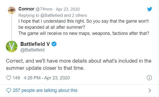 ​- А правильно ли я понимаю, что после лета игра не будет получать никаких дополнений, карт, оружия? 
— Да, все верно. Мы сообщим больше деталей в ближайшее время.