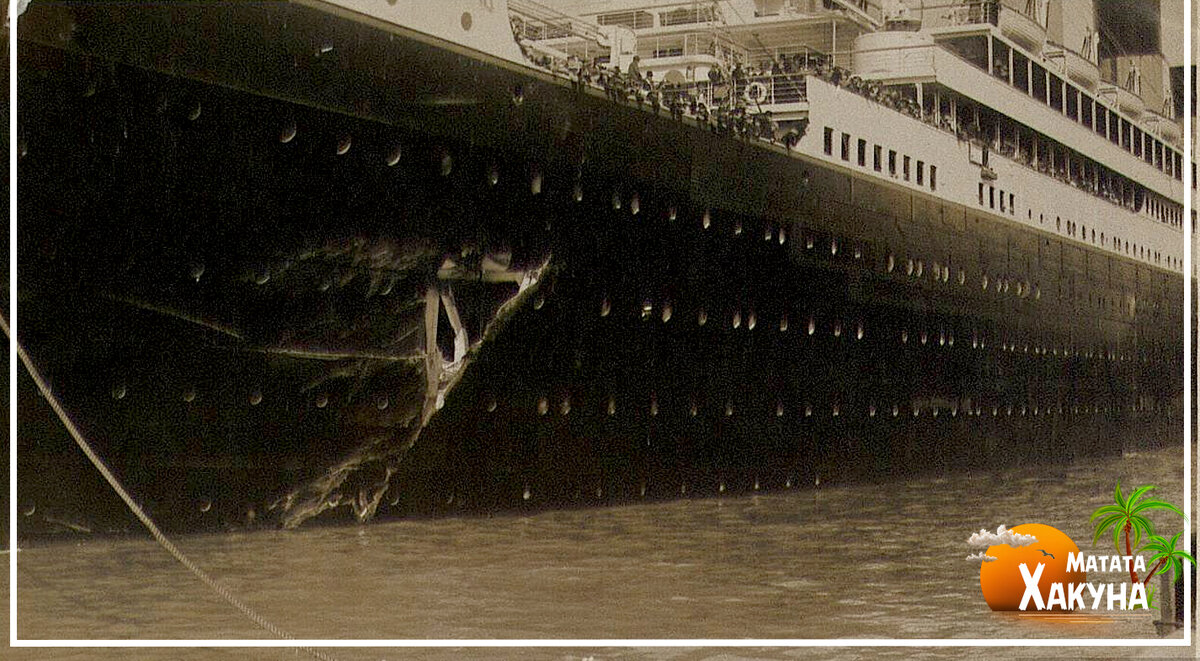 Лайнер «OLYMPIC» с пробоиной на борту.