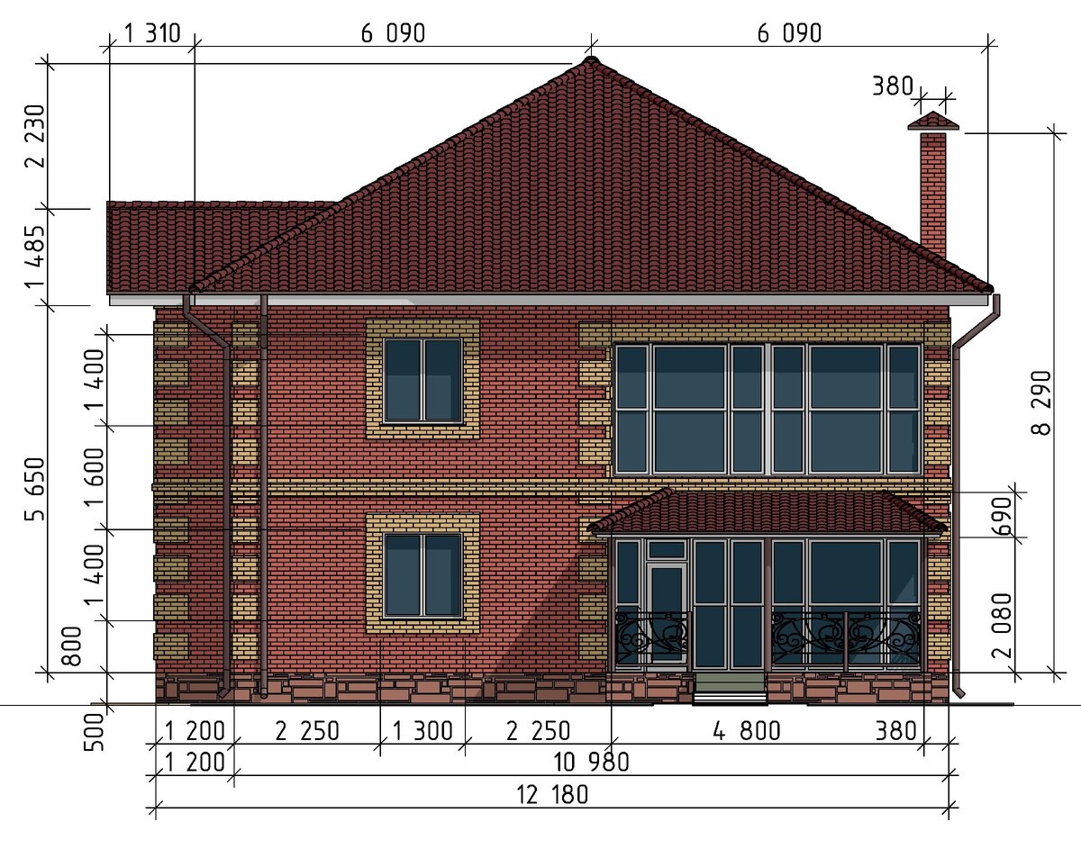 Кирпичный дом 11х12 м. площадью 210 м² (Визуализация + планы этажей и фасады с размерами) ??