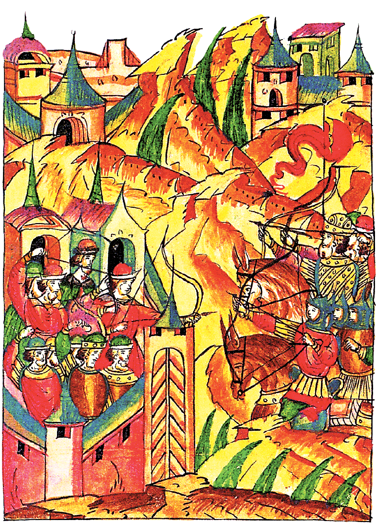 Миниатюра из Лицевого летописного свода «И великий князь Юрий Святославич Смоленский закрылся в городе со своими смолянами и отважно сражался.»