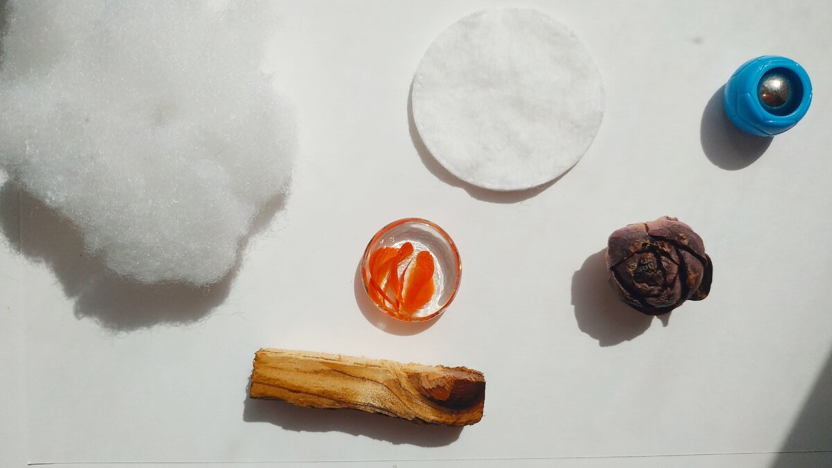 В моём варианте синтепон, ватный диск, тяжёлый мячик из металла, гладкое стёклышко, шишка, деревянная щепка