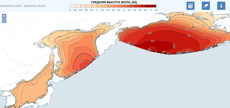 
Интерфейс веб-атласа доступной волновой энергии морей России 