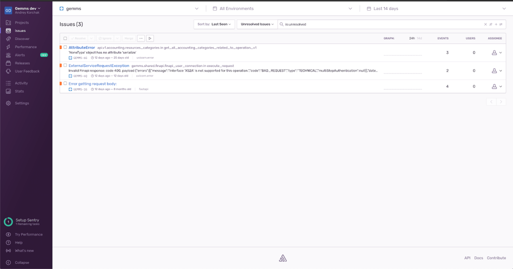 Sentry автоматически собирает все ошибки в работе программы и создает на их основе понятные отчеты