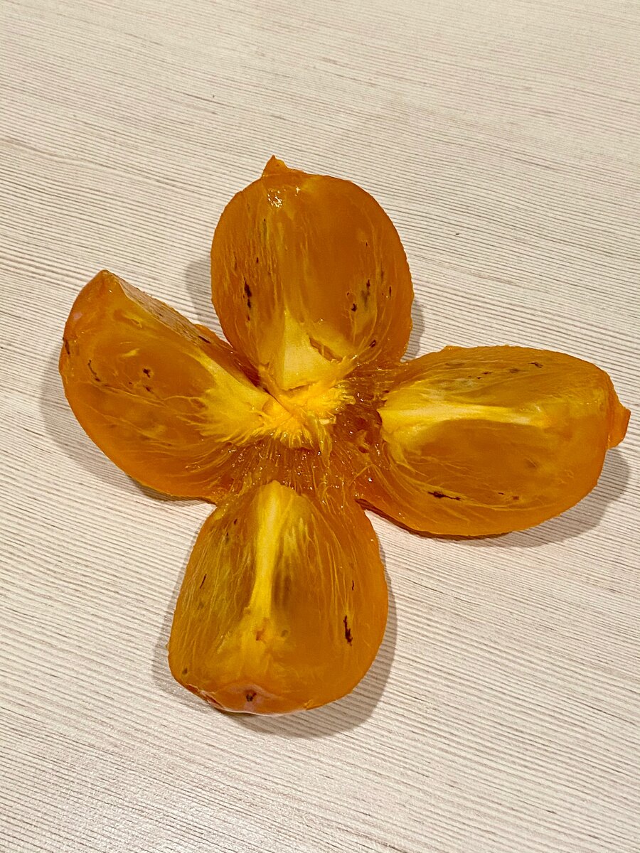 Хурма без косточки. Мне напомнила в разрезе цветок Plumeria (погуглите)