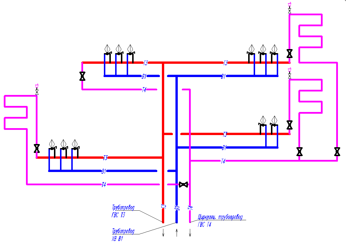 Рециркуляция горячей воды схема два этажа