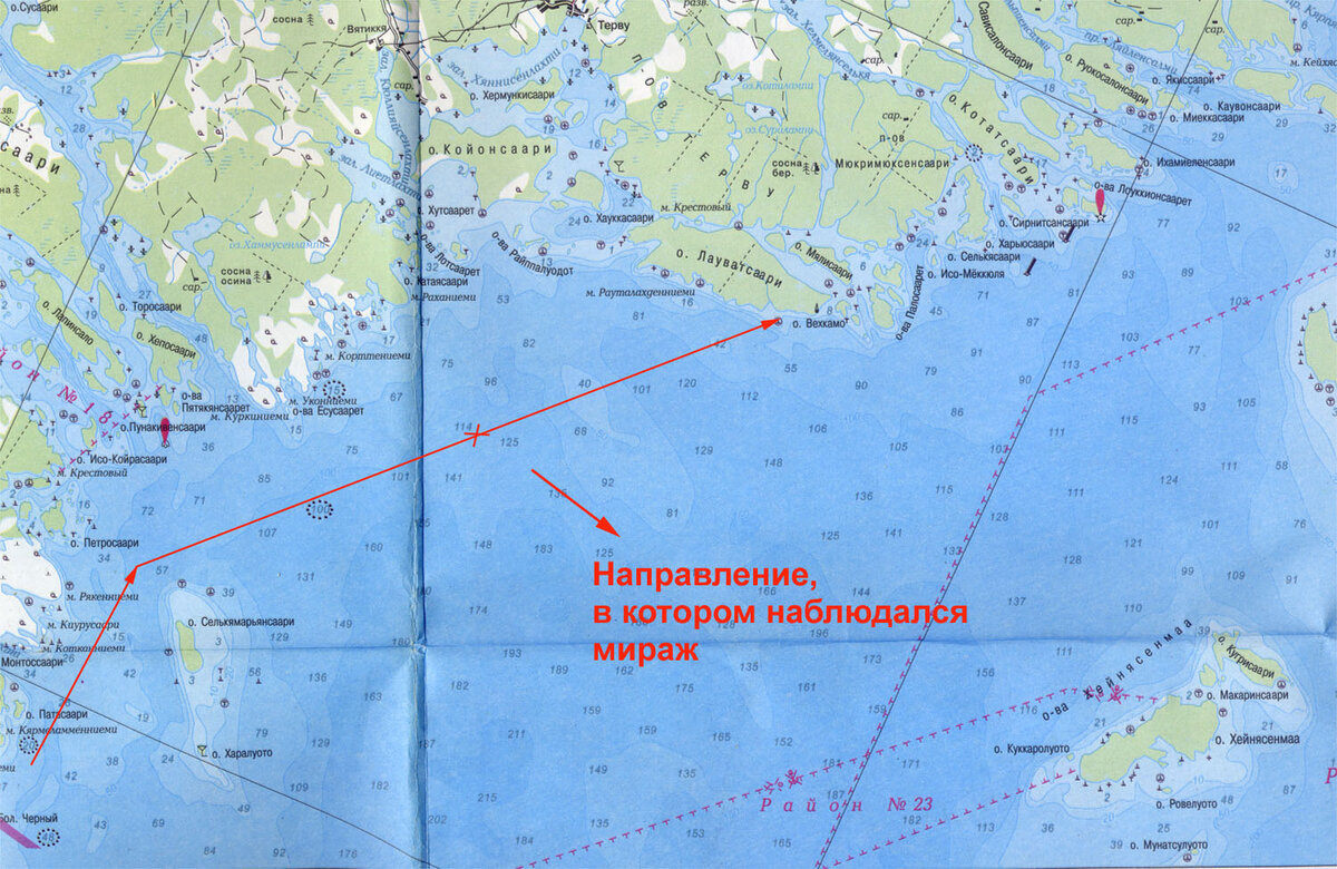Рис. 1. Карта участка северно Ладоги, где мы видели мираж.