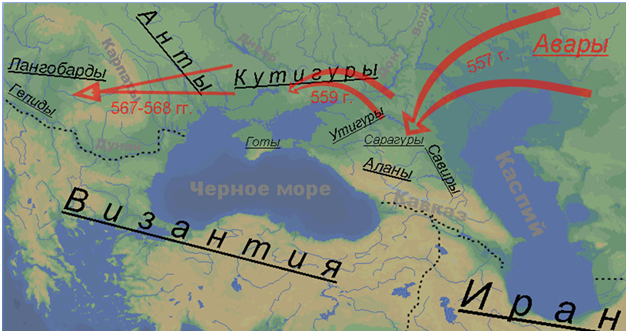 Карта Каспийско-черноморского региона в 6 веке.