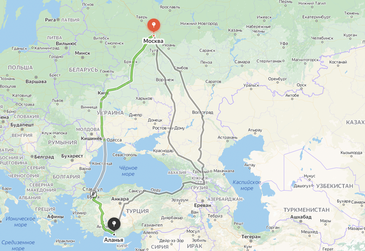 Маршрут из Москвы в Турцию через Украину на карте 