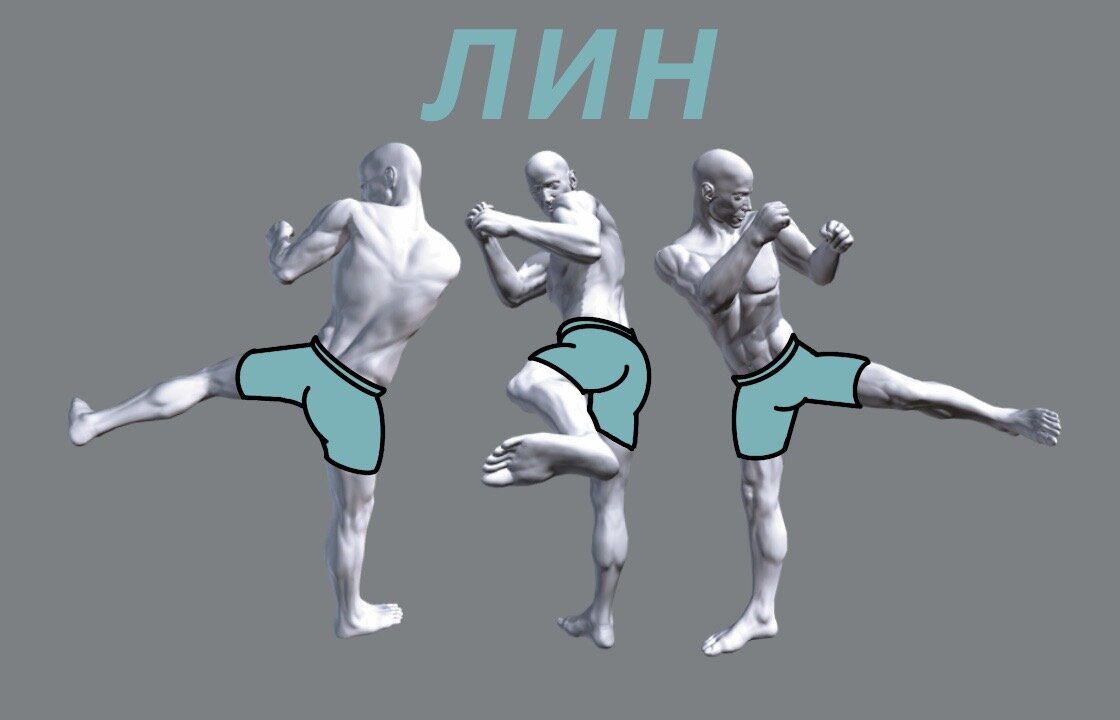 Схема удара левой ногой с разворота по ноге противника (ЛИН)