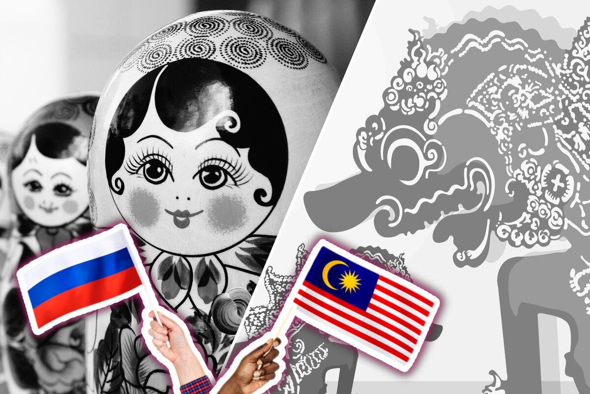 Слева - матрешка, справа - кукла малайского теневого театра