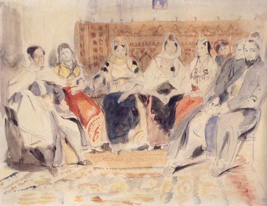Мужчины и женщины в интерьере жилой комнаты в Марокко. Эжен Делакруа, 1832