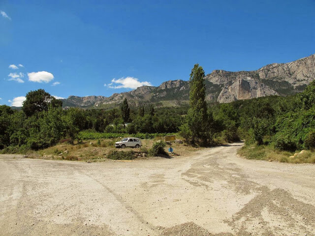 Вверх в сторону скалы уходила дорога слева от которой был виноградник, а справа за кустами какая-то промышленная площадка типа полудохлого асфальто-бетонного завода. Вдали возвышался скальный массив Ай-Петринской яйлы, высотой в этом месте около 1200 метров над уровнем моря 