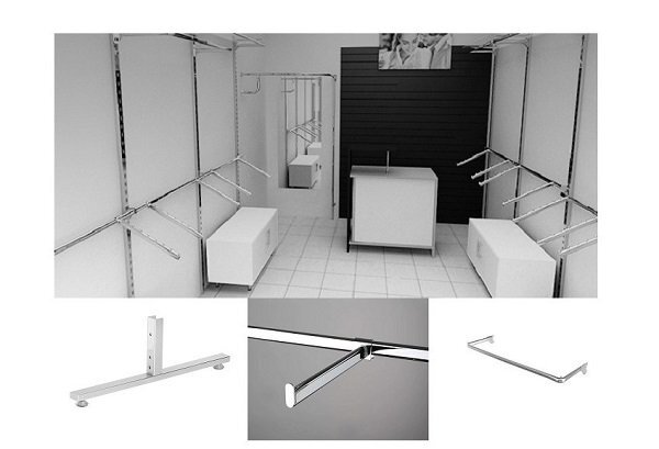 Благодаря большому количеству дополнительных элементов на основе BASIS создаются всевозможные комбинации: вешалки для одежды (как пристенные, так и передвижные), витрины со стеклянными полками для обуви и так далее