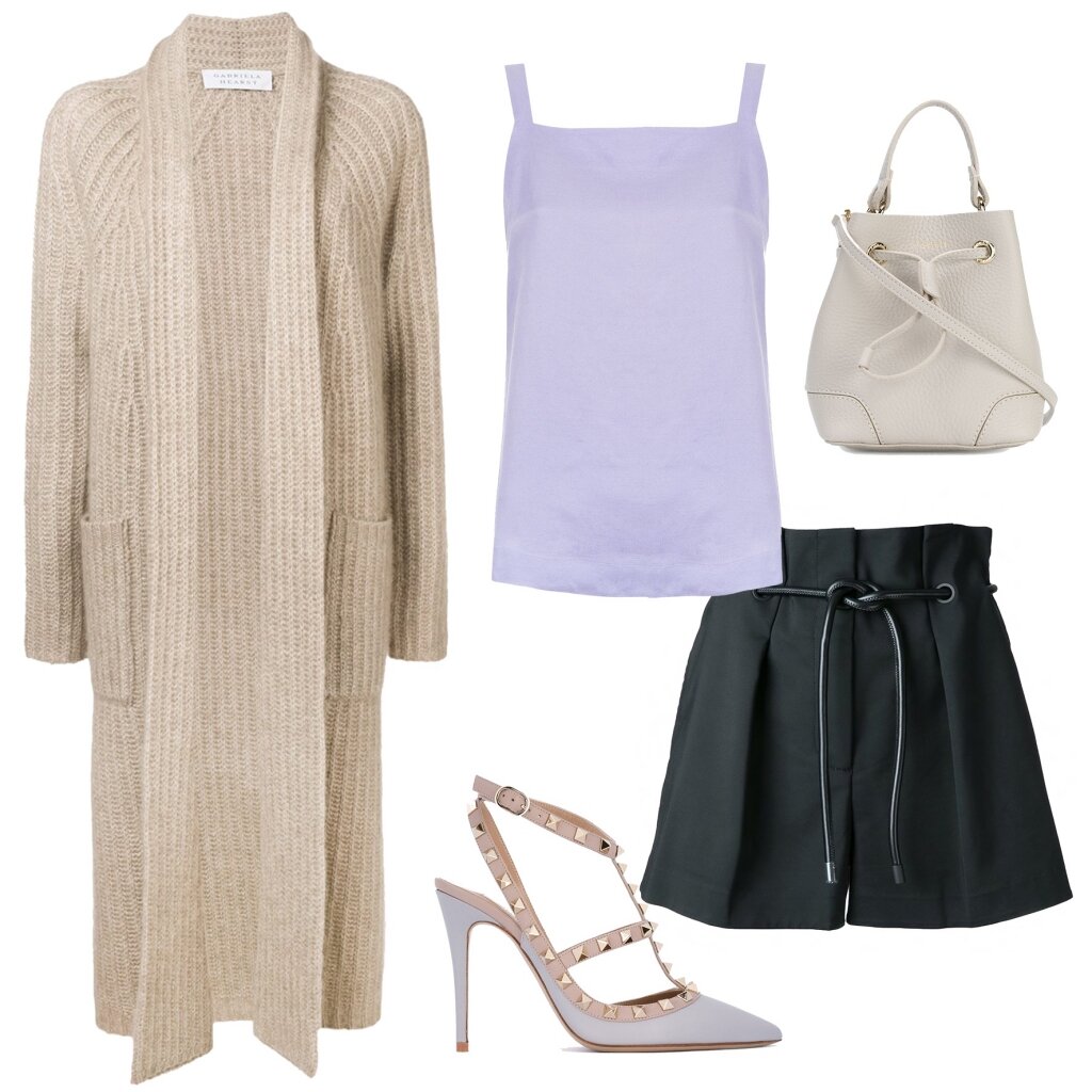  Кардиган GABRIELA HEARST, сумка FURLA, топ EGREY, шорты 3.1 PHILLIP LIM, туфли VALENTINO 