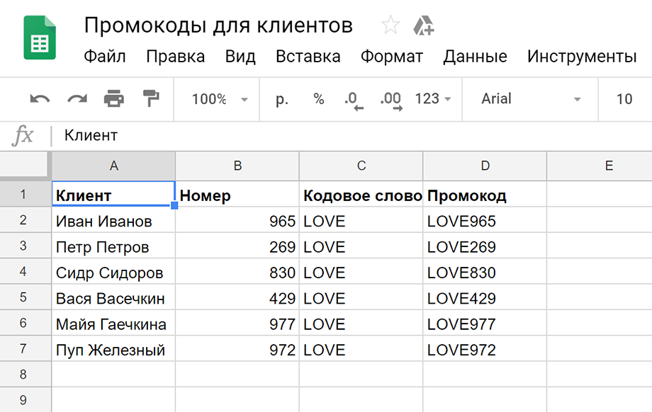  В первую колонку загрузите информацию о клиентах, а в третью — кодовое слово. Чтобы получить промокоды, используйте в колонке «Номер» формулу =randbetween(100;999), а в графе «Промокод» — формулу =CONCAT(C2;B2)