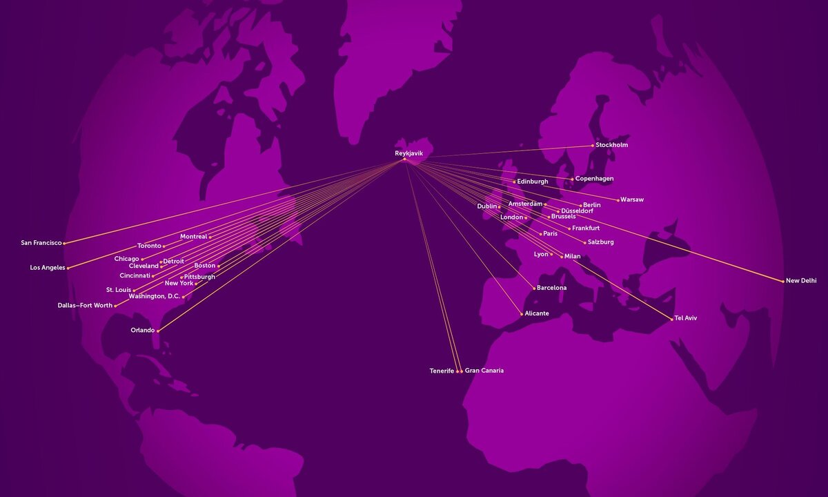 Карта маршрутной сети авиакомпании WOW Air, обслуживаемых в 2018 году. Но не одновременно: 13 направлений в летнем расписании были закрыты, вместо них зимой лишь три открыты. Что не мешает компании на своём сайте рисовать всё на одной схеме