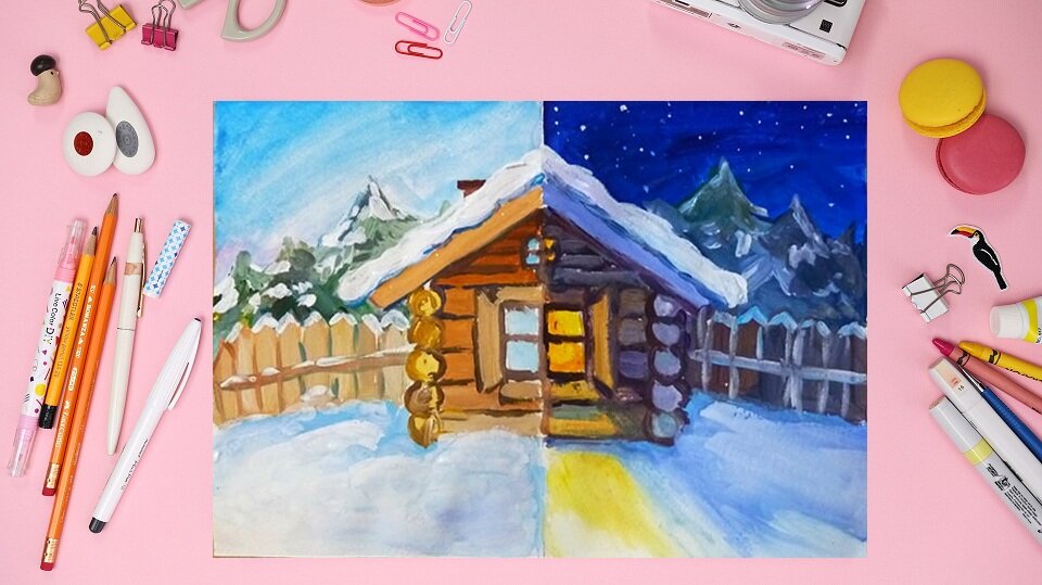 Зимний пейзаж рисунок для детей простой легкий | Пейзажи, Рисунок цветными карандашами, Рисунок