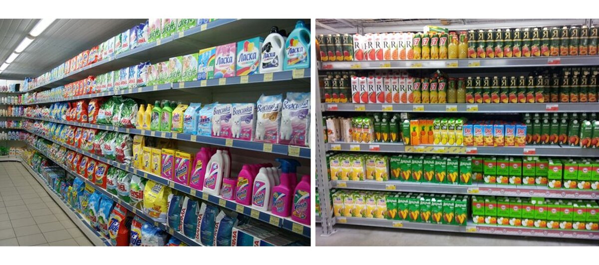 Посмотрите, какая конкуренция на полке по видам порошков и напитков. Все эти продукты разной ценовой категории