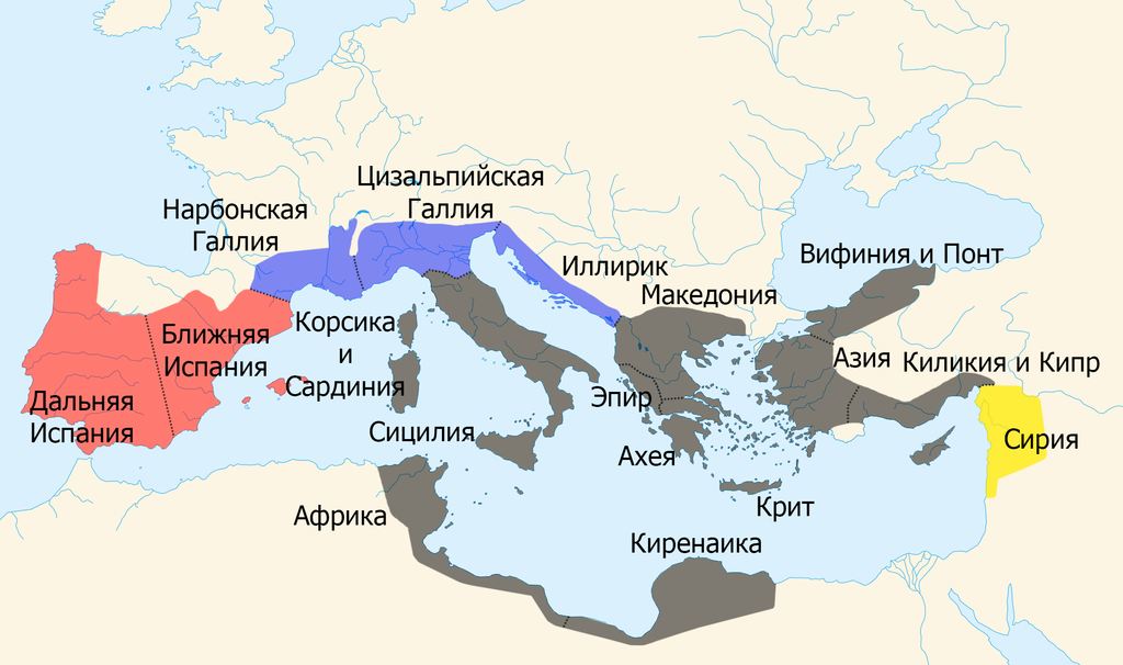 Распределение провинций между триумвирами. Источник: wikipedia.org