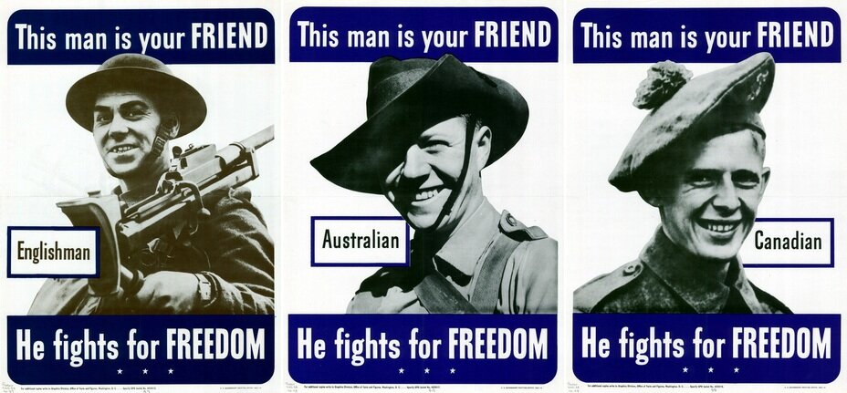 Англичанин, австралиец и канадец — троица Британского содружества. Южноафриканцы и новозеландцы — за кадром