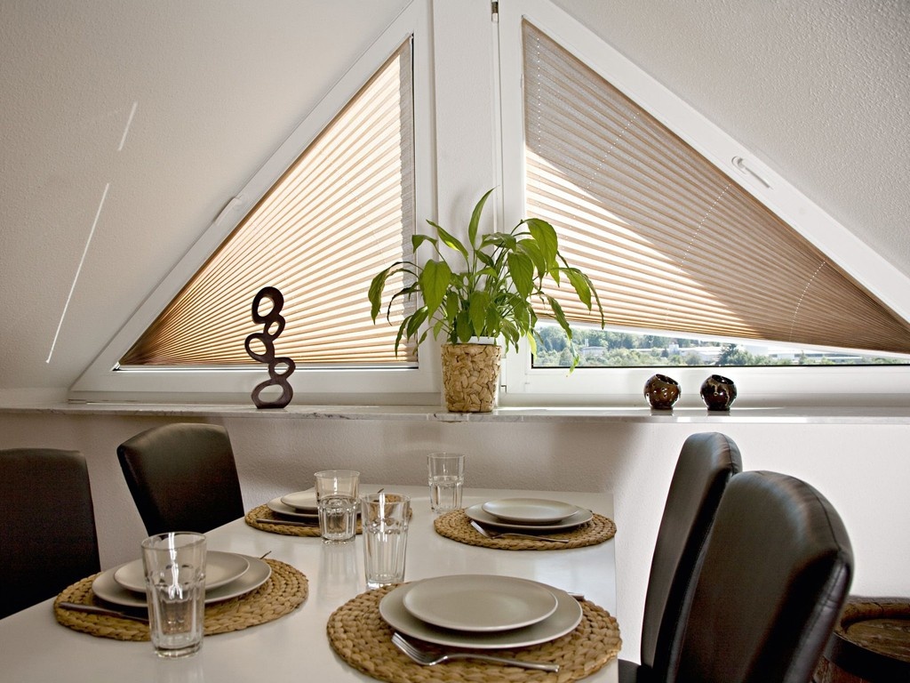 Примерно так выглядят шторы плиссе на пластиковые окна треугольной формы.