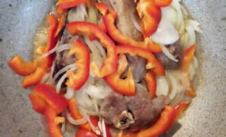 Куриное мясо лучше не делить на маленькие кусочки, так как сильно развалится. Лучше сразу взять пару больших куска. Обжарьте курицу с двух сторон до золотистой корочки. Нарежьте лук полукольцами и добавьте к мясу. Обжарьте 3 минуты. Уменьшив огонь, начинаем выкладывать овощи слоями.