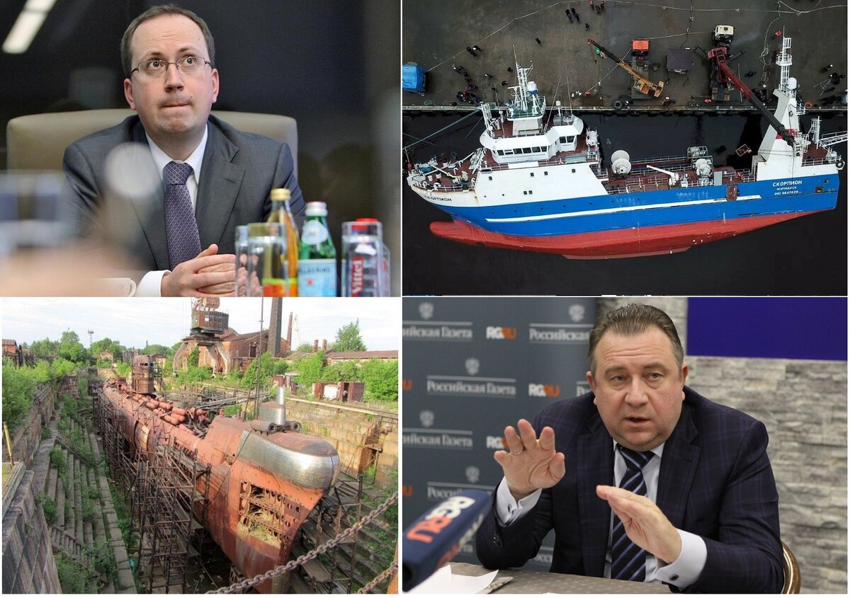 С августа этого года, - на посту генерального директора ОСК, - банкир (по образованию - юрист) Андрей Пучков заменил уволенного инженера-механика (по специальности «автомобиле и тракторостроение» по данным "википедии") Алексея Рахманова.... На фото справа вверху, - авария на судостроительном заводе "Пелла" (входит в ОСК) в Выборге в апреле 2021 года при испытаниях рыболовного траулера собственной постройки. На фото слева внизу, - один из сухих доков "Кронштадтского Морского Завода" (тоже входит в ОСК) с брошенной ливийской подводной лодкой S311 "Al Badr" (советской "Б-533" проекта И641К), - снимок ориентировочно 2014 года.