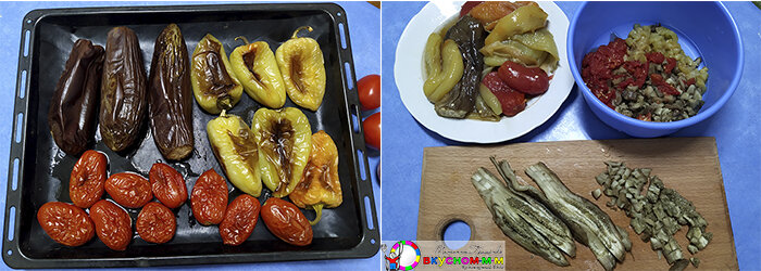 Запекание и нарезка овощей для баклажанной икры
