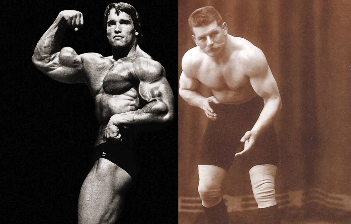 Фото №2. На фото справа мы видим выдающегося натурального атлета Густава Фриштинского. Несмотря на отсутствие фармы в 1910 м году, он выглядит достойно и обладает низким процентом жира и круглыми дельтами. Однако до формы заряженного Арнольда ему понятное дело далеко.