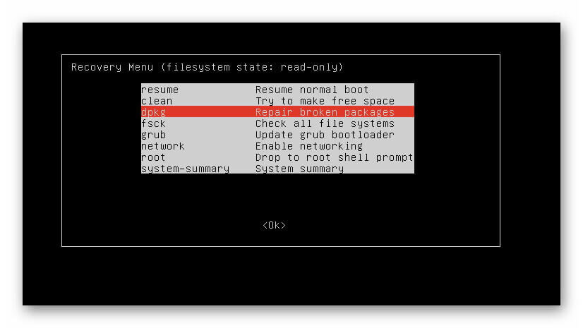 Восстановление linux. Recovery menu Ubuntu.