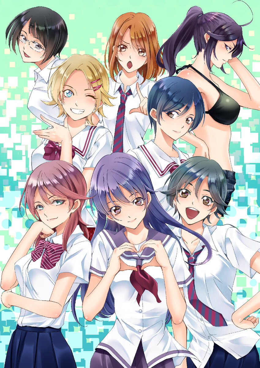 Девочки манги. Задний ряд:  Шиори Амая, Мина Нагоши, Аой Киришима. Средний ряд: Акари Кага, Нанами Канзаки. Первый ряд: Рин Эба, Юзуки Эба, Аска Минима. Источник: gelbooru.org.