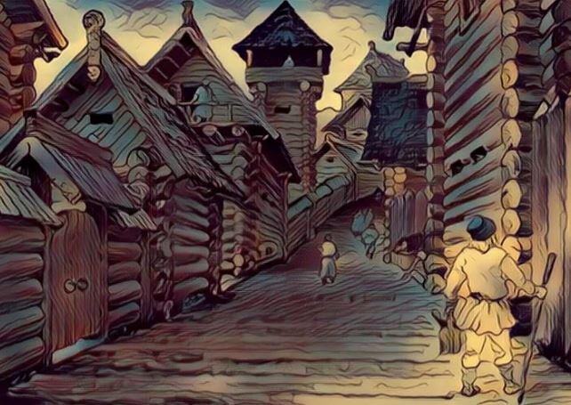 Часто эта картинка в интернете попадается, но уж больно хороша. Кажется, автор – Слава Серов "Улица древнего Новгорода"