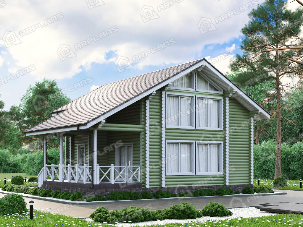 Фото 2 деревянного двухэтажного дома из бревна с мансардой, 3 спальнями, газовой котельной и террасой. Общая площадь 142 кв м. Источник arplans.ru Проект ДО-149 