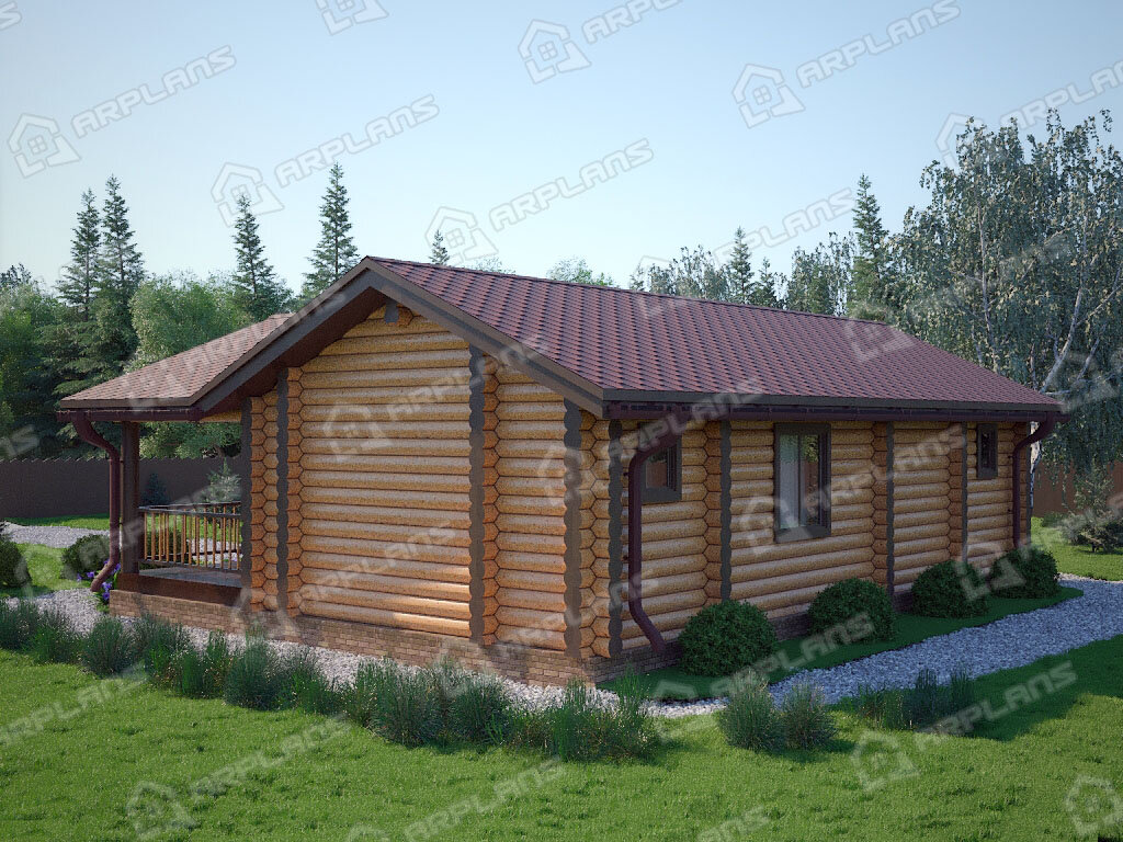 Фото 2 одноэтажной бани из бревна с комнатой отдыха и террасой. Общая площадь 53 кв м. Источник arplans.ru Проект Б-028