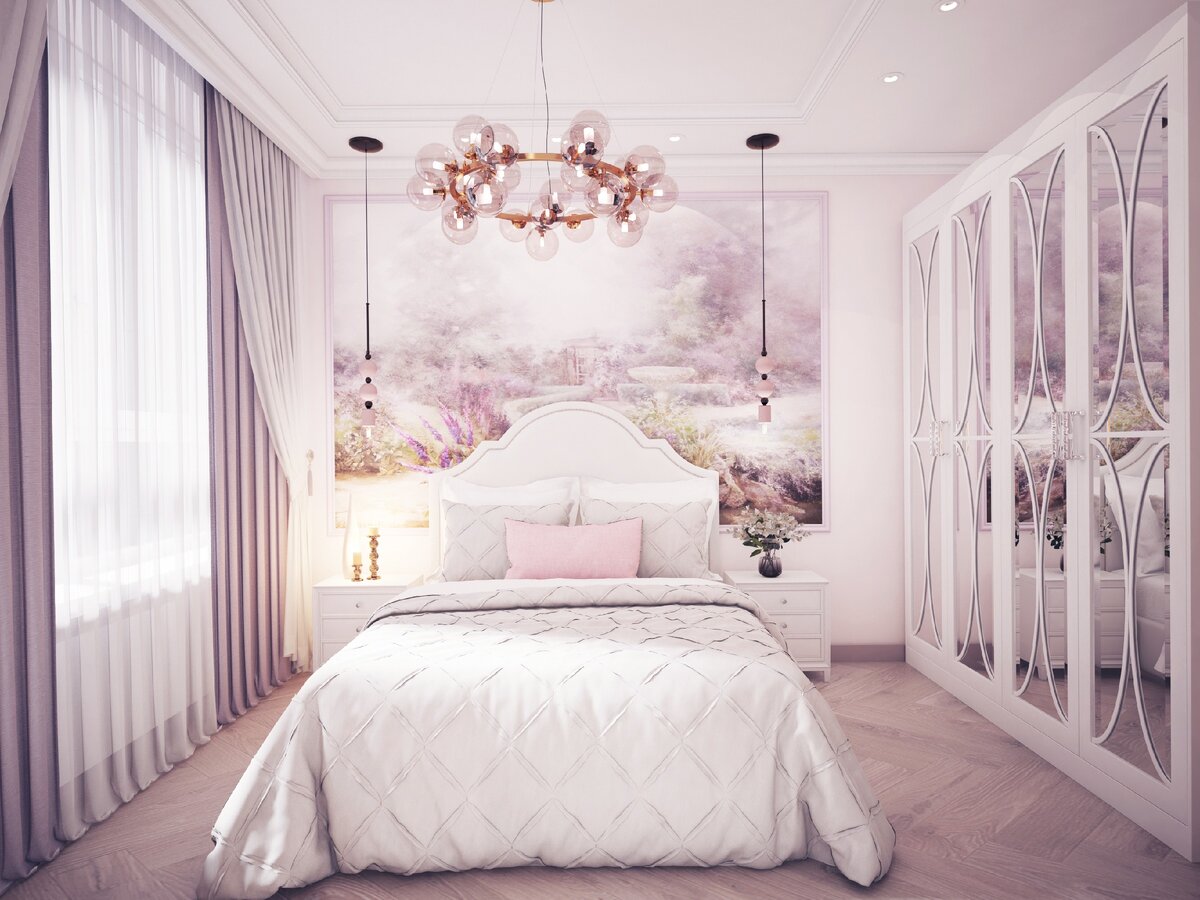 Светильники точно расположены по центрам прикроватных тумбочек, люстра по центру кровати. Нишу для двухрядных штор лучше сделать около 25 см. Эскиз из дизайн-проекта Андрея и Екатерины Андреевых.