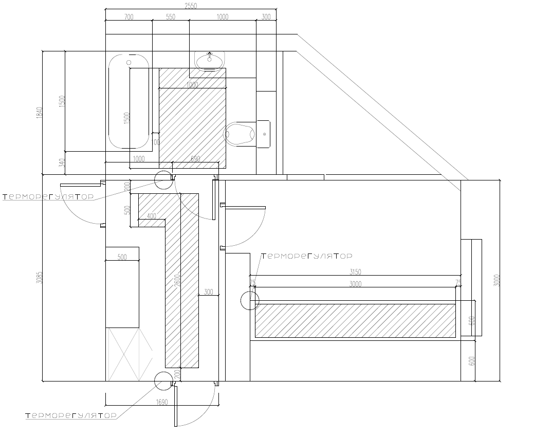 Шриховкой показан теплый пол