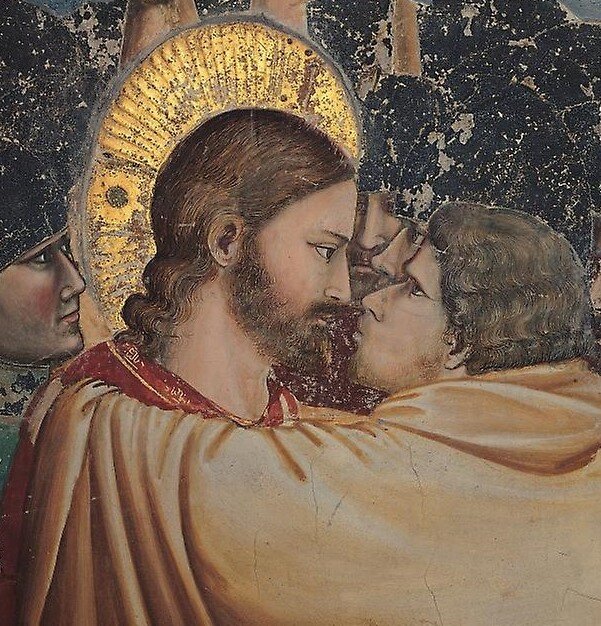 Джотто ди Бондоне. Поцелуй Иуды. Фрагмент фрески в Капелле Скровеньи. Изображение взято в сети Интернет.