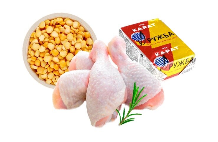 Нужные ингредиенты, горох, куриные голени и плавленый сырок. 