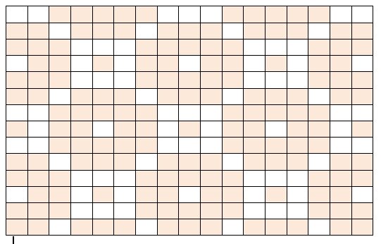 Схема к данному узору. Розовым цветом обозначены здесь заполненные клетки, белым - клетки не заполнены, между столбиками с накидом две свободные петли.