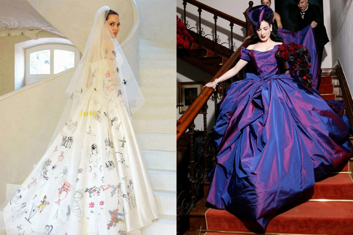 Костюм Zara и перламутровое фиолетовое платье – вышли бы в таком замуж? А эти звезды так и сделали!