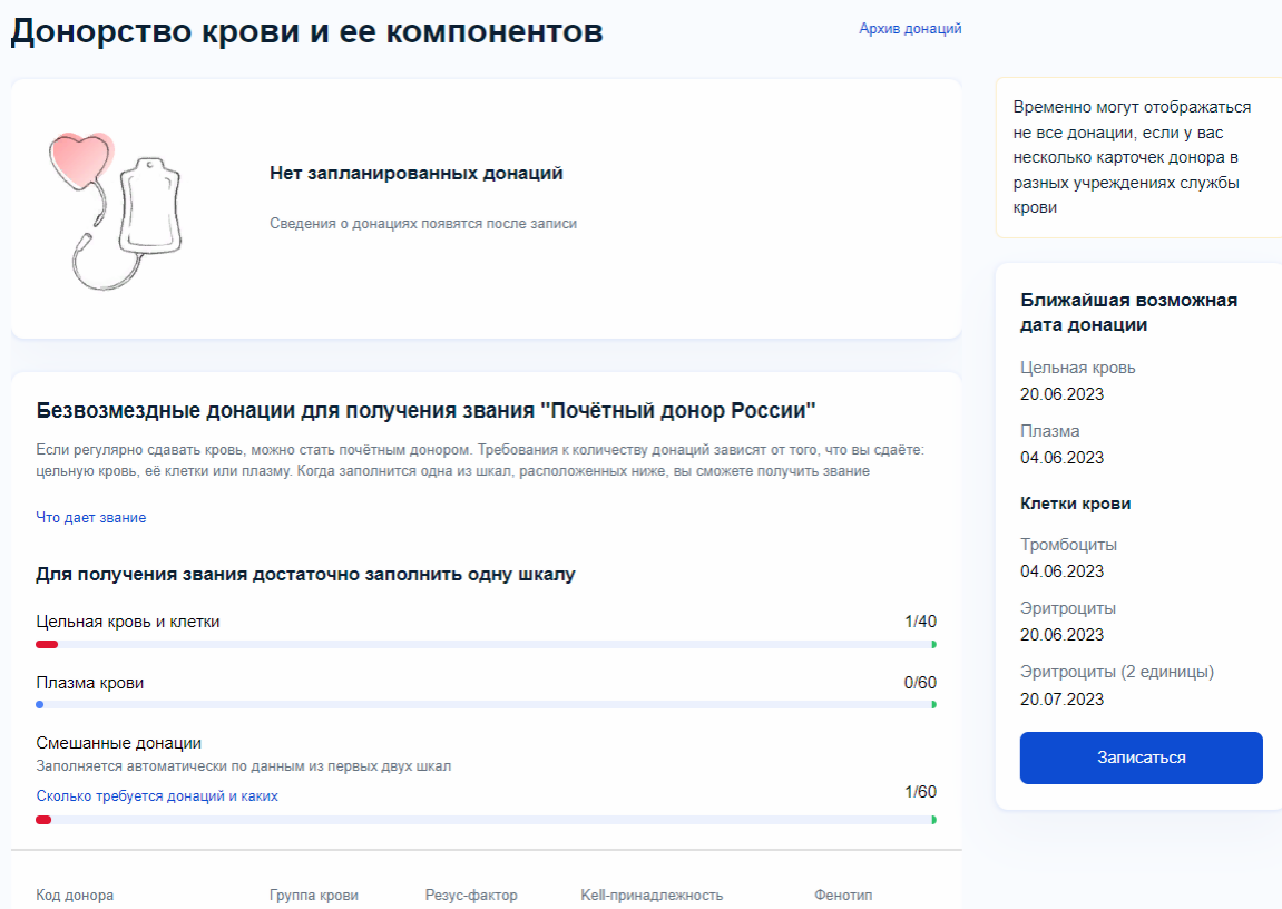Раздел "Донорство" на портале госуслуг