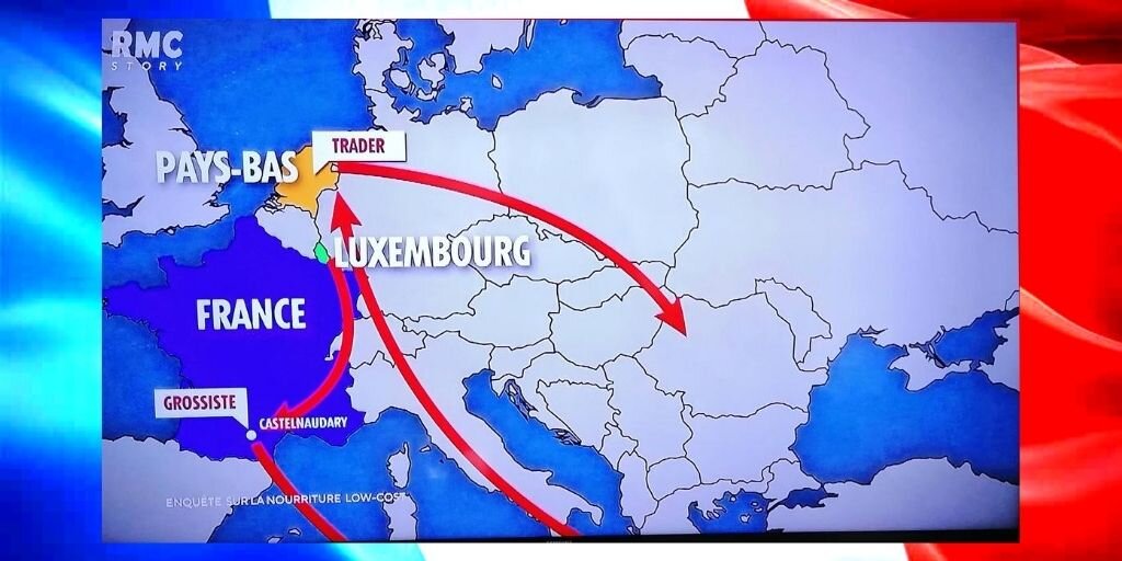 Схема размещения заказа на мясо . Из Меца (рядом с Люксембургом) в Спангеро (на юг Франции, потом на Кипр, потом в Голландию, потом в Румынию. 