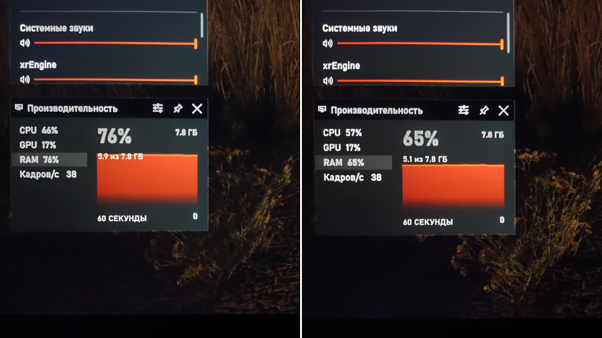 До применения программы и после. Обратите внимание, что частота кадров и нагрузка на видеокарту одинаковы в обоих случаях. Утилита взаимодействует только с ОЗУ. То, что процессор чуть более нагружен в одной и той же сцене, я поясню чуть ниже*