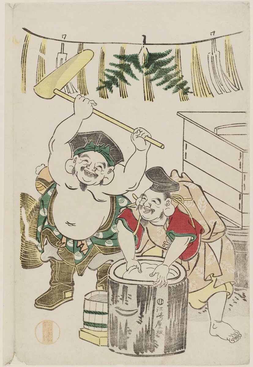 Artist:Tamagawa Shucho Title:Daikoku and Ebisu Pounding Mochi at New Year Date:Japanese, Edo period