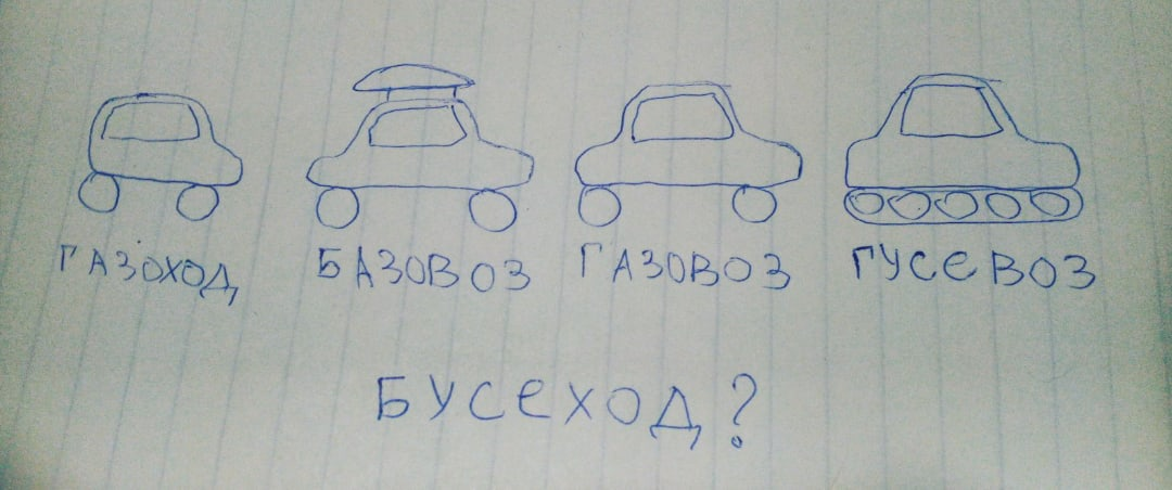 изобразите автомобильчик, название которого сформировано по тем же правилам, что и у верхних четырех. 