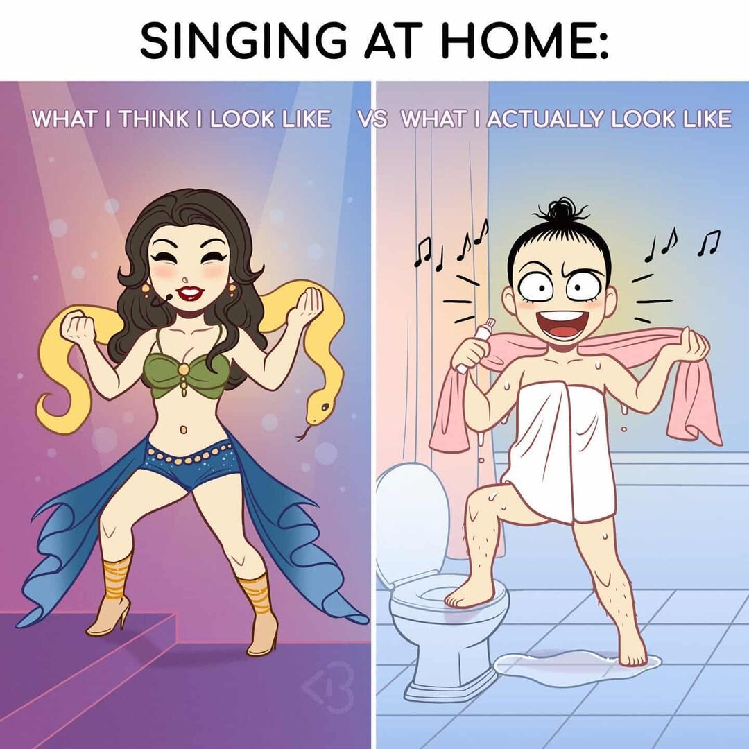 Домашнее пение. Слева: как я себя представляю. Справа: как я выгляжу в действительности